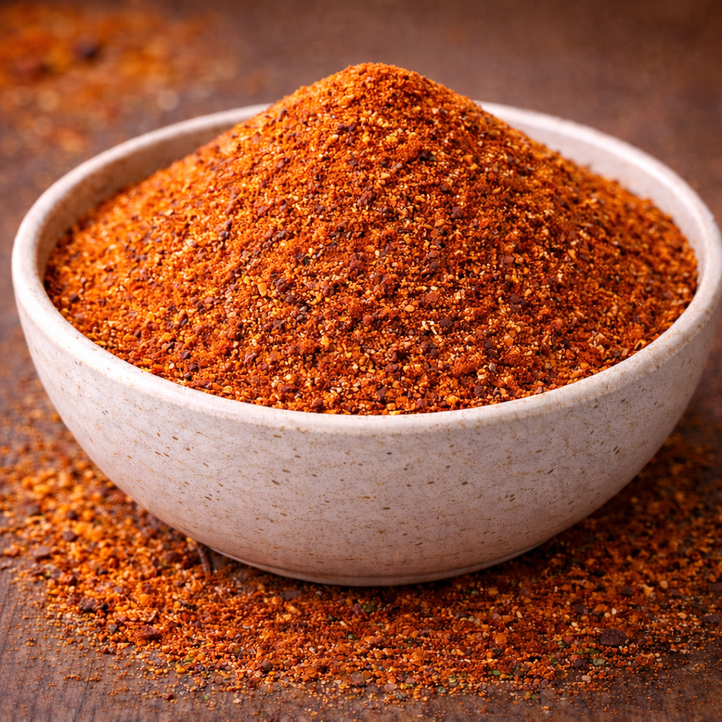 Rub Légumes Gourmands Bol de mélange d'épices colorées sur une table en bois, prêt pour sublimer vos plats.