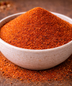 Bol de poudre de piment rouge épicée sur une table en bois, prêt pour la cuisine savoureuse et exotique.