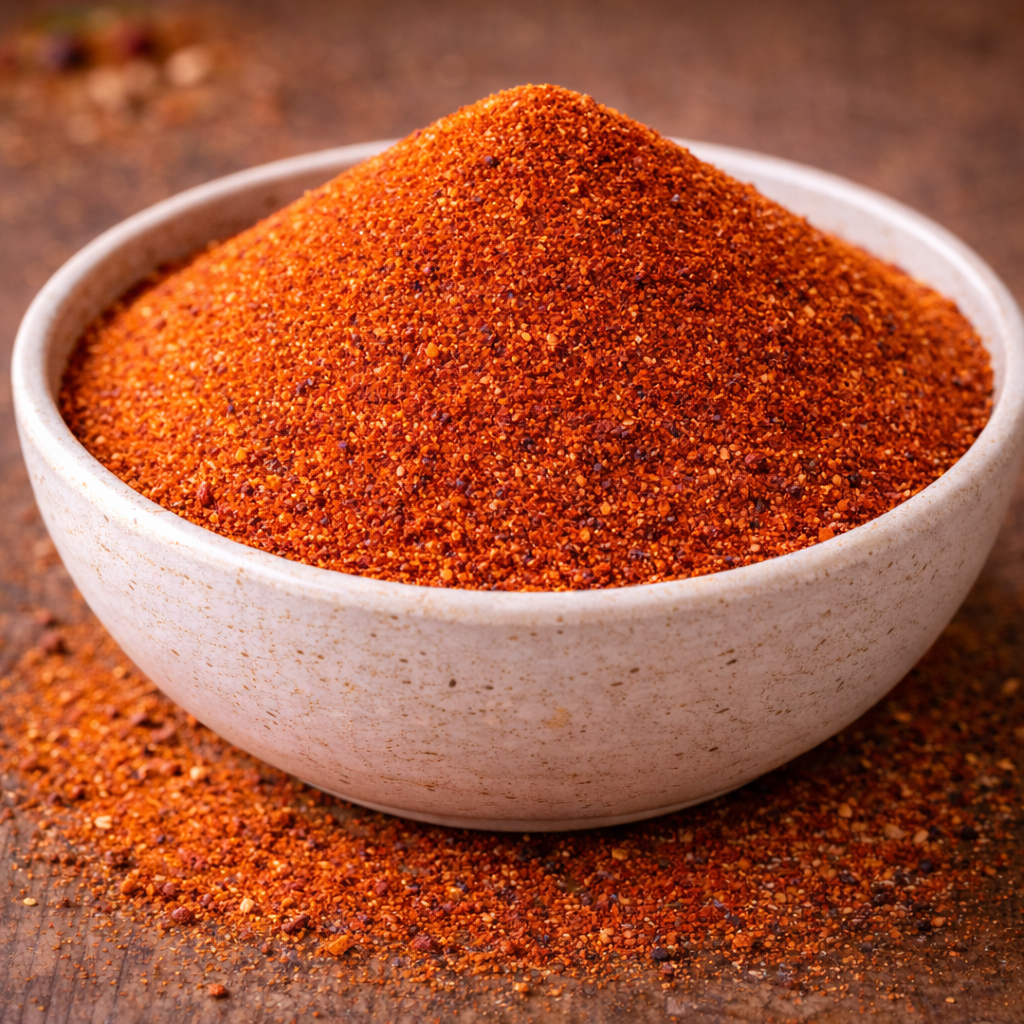 Rub porc barbecue Bol de poudre de piment rouge épicée sur une table en bois, prêt pour la cuisine savoureuse et exotique.