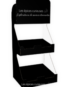 Présentoir noir vide, logo Les épices curieuses, destiné à exposer des épices aromatiques en magasin.