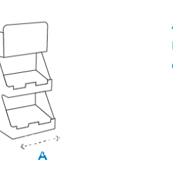 Support d'affichage deux niveaux en carton, dimensions : A 21,4 cm, B 18,2 cm, C 47,6 cm pour brochures ou flyers.