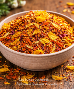Bol de pétales de fleurs séchées colorées sur une table en bois, idéal pour infusions ou décorations naturelles.