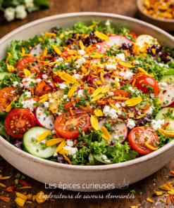 Salade fraîche colorée avec tomates, concombres, radis, feta et fleurs comestibles pour une présentation appétissante.
