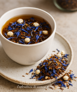 Tasse de thé infusée de pétales bleus et épices, présentée sur une soucoupe beige pour une touche naturelle et apaisante.