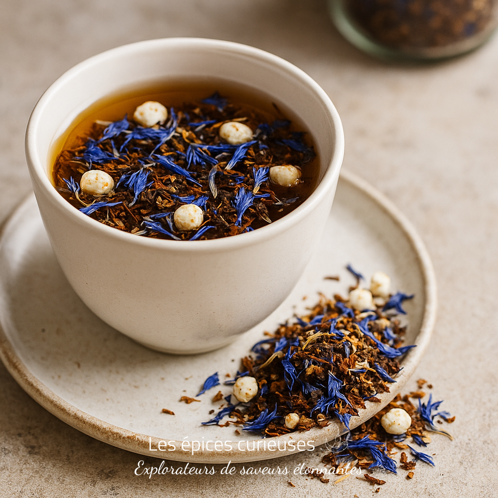 Un p’tit flocon de neige (1) Tasse de thé infusée de pétales bleus et épices, présentée sur une soucoupe beige pour une touche naturelle et apaisante.