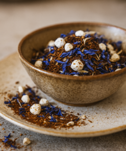Bol de thé en vrac aux fleurs bleues et ingrédients naturels, sur assiette en céramique.