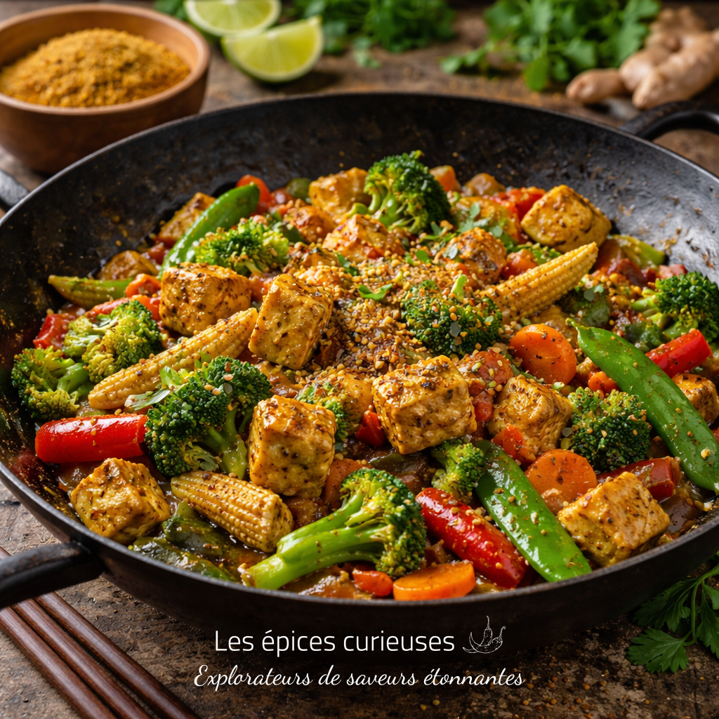 Wok du Marché (2) Plat coloré de légumes sautés au tofu et diverses épices, servi dans un wok.