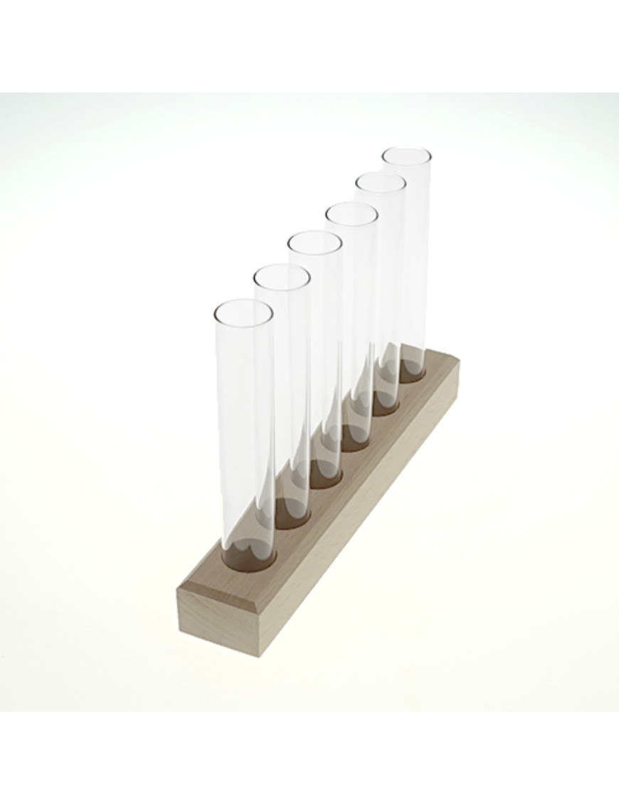 support-socle-6-tubes-o-25-mm (1) Cinq tubes à essai vides alignés sur un support en bois clair, fond blanc lumineux.