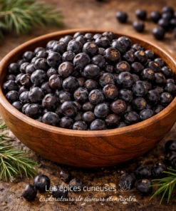 Bol de baies de genièvre fraîches sur une table en bois, entouré de branches de pin.