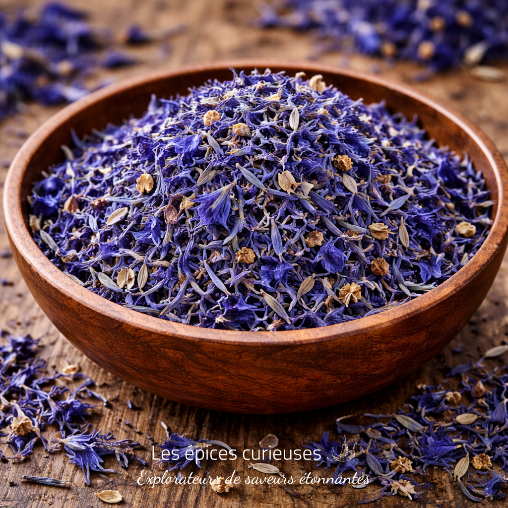 Bol en bois avec pétales de bleuet Bol en bois rempli de fleurs de bleuet séchées sur une table en bois, idéal pour des infusions et décorations naturelles.