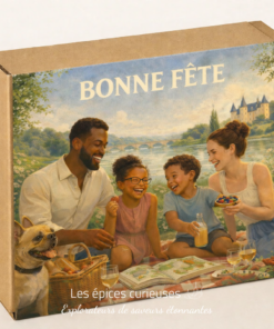 Famille heureuse en pique-nique au bord d'une rivière avec un château en fond. Texte Bonne Fête sur la boîte.