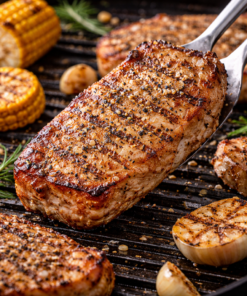 Grillade de porc juteuse et assaisonnée avec maïs et ail rôti sur une plancha. Parfait pour un barbecue gourmand.