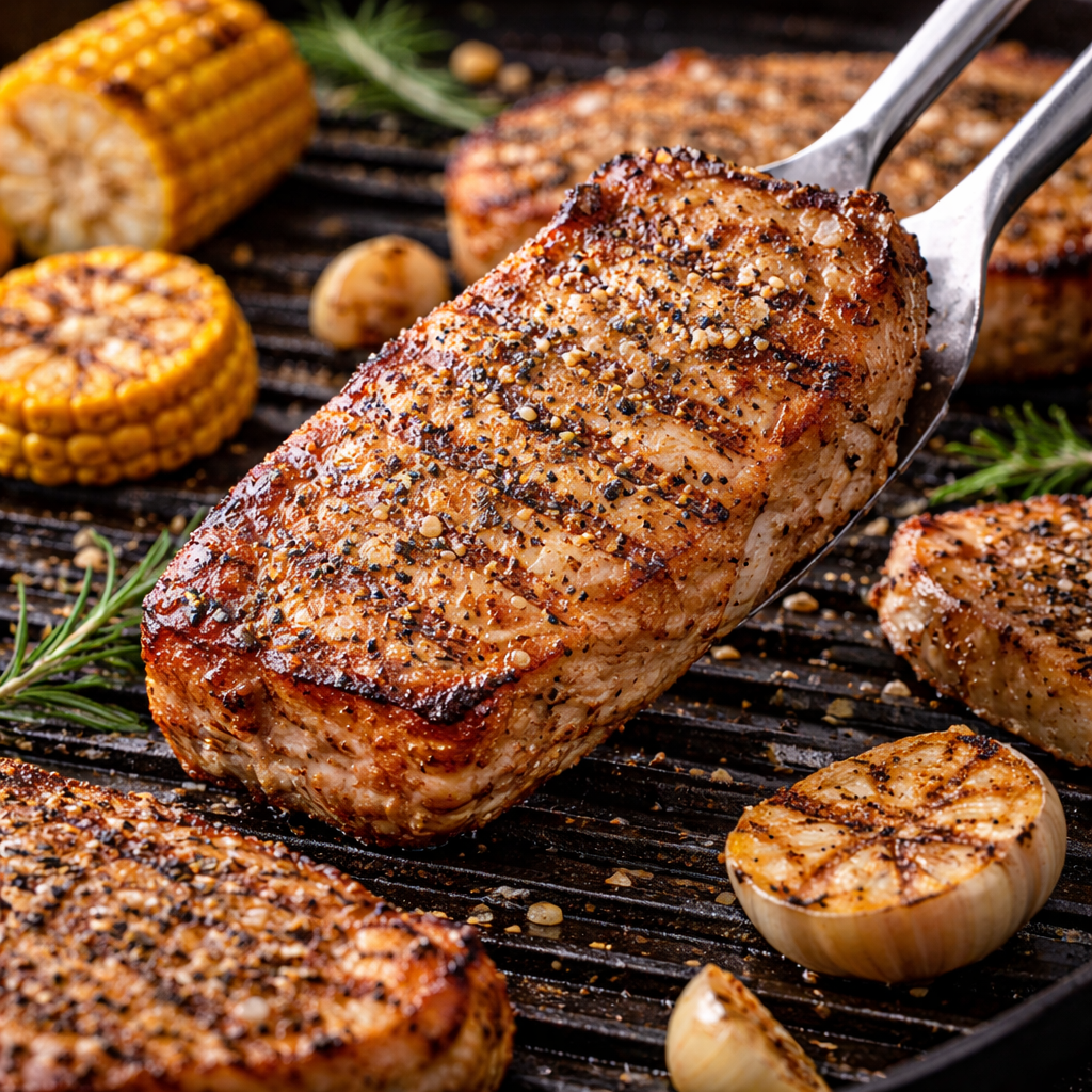 Côtelettes de porc grillées et offre d’accompagnement Grillade de porc juteuse et assaisonnée avec maïs et ail rôti sur une plancha. Parfait pour un barbecue gourmand.