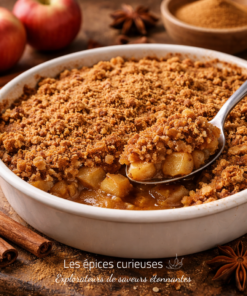 Délicieux crumble aux pommes sortant du four, parsemé de cannelle, prêt à être dégusté pour un dessert réconfortant.