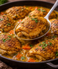 Poulet épicé mijoté avec carottes et herbes, servi dans une poêle pour un repas riche en saveurs.