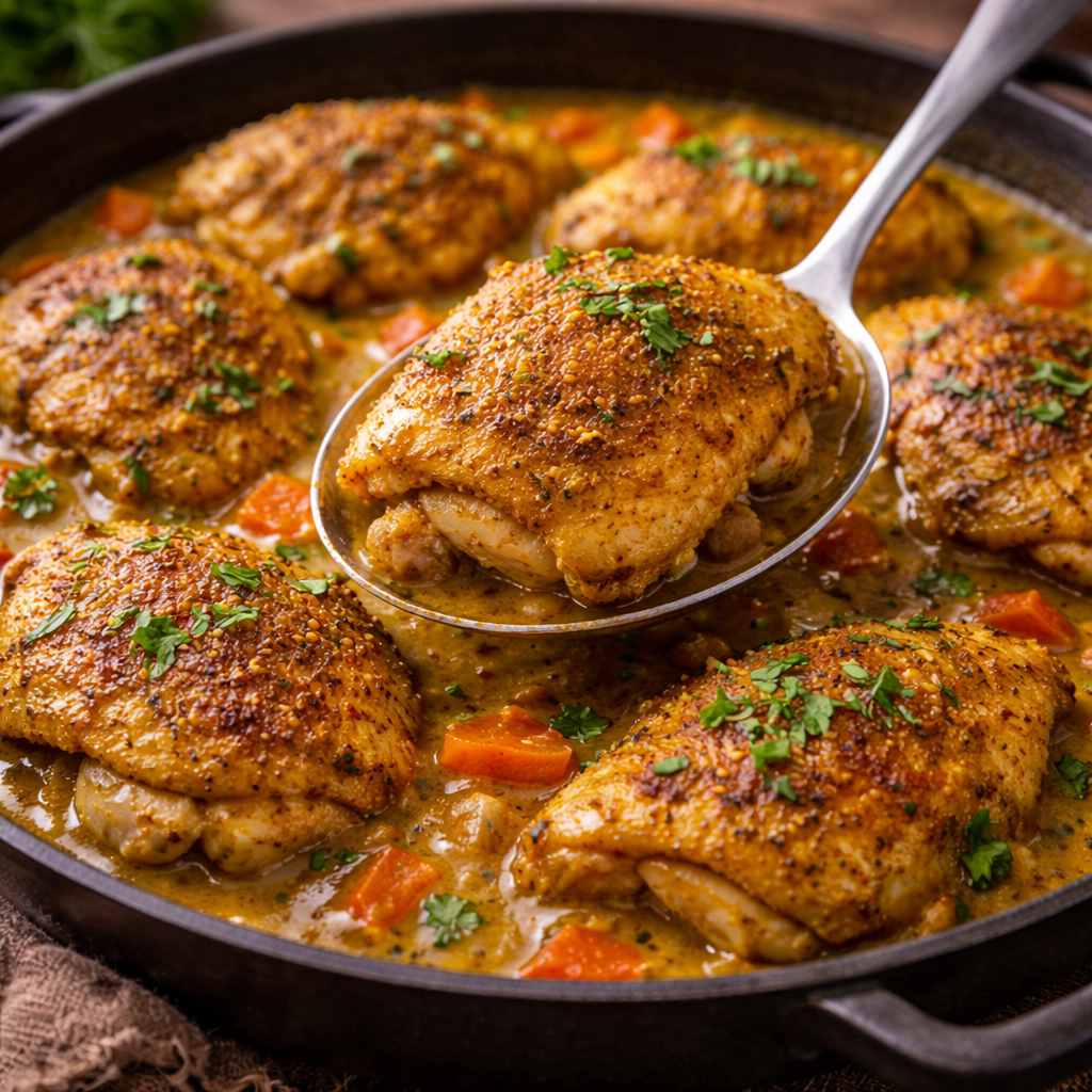 Cuisses de poulet au curry doré Poulet épicé mijoté avec carottes et herbes, servi dans une poêle pour un repas riche en saveurs.