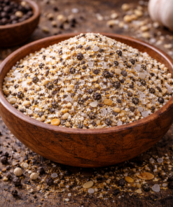 Mélange épicé de sel et poivre dans un bol en bois sur une table rustique, grains de poivre et texture granulée.
