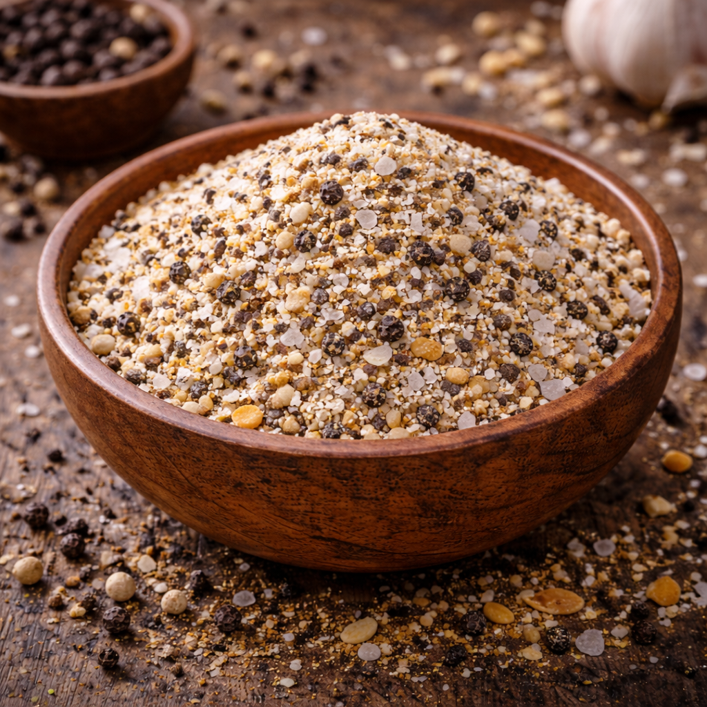 Mélange d’épices Grillades du Dimanche Mélange épicé de sel et poivre dans un bol en bois sur une table rustique, grains de poivre et texture granulée.