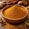 Bol de poudre de curry sur table rustique, entouré d'épices entières, gingembre et cannelle.