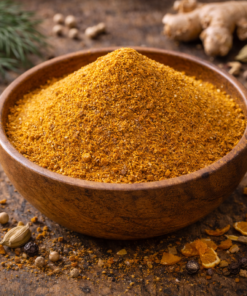 Bol en bois rempli de massala épicé sur une table en bois, entouré de gingembre et de graines variées.