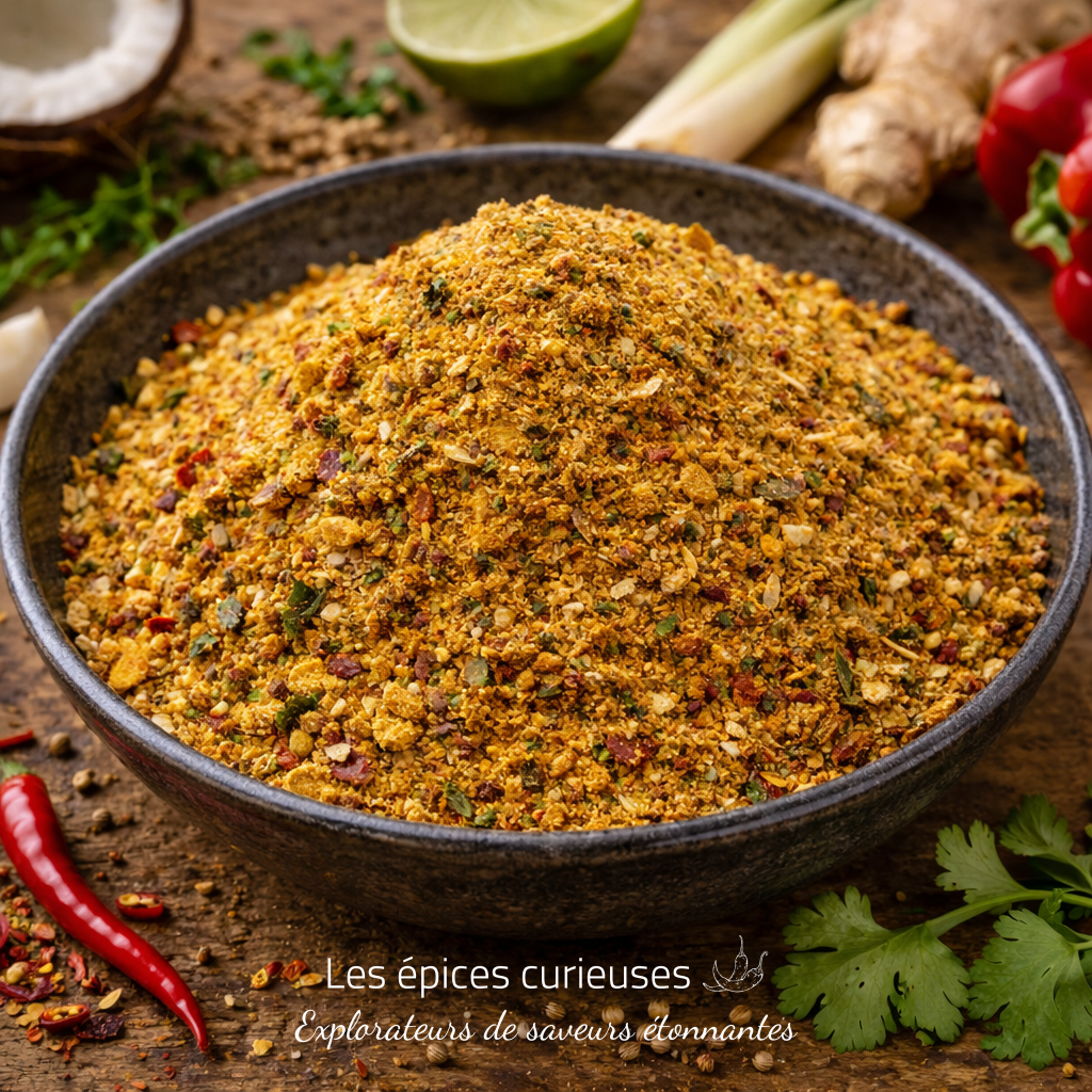 Mélange d’épices thaïlandais dans un bol Mélange d'épices coloré dans un bol en céramique sur table en bois, entouré d'ingrédients frais et aromatiques.