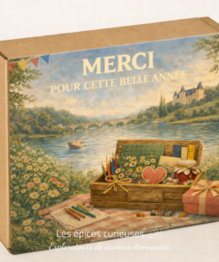 Boîte cadeau avec illustration champêtre: rivière, château, fleurs et message Merci pour cette belle année.