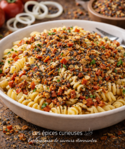 Bol de pâtes fusilli aux épices et herbes, garni de miettes savoureuses, prêt à être dégusté. 🍝