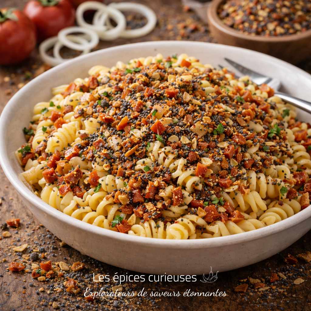 Pâtes végétariennes aux tomates et oignons Bol de pâtes fusilli aux épices et herbes, garni de miettes savoureuses, prêt à être dégusté. 🍝