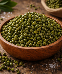 Bol de poivre vert entier dans un plat en bois sur une table rustique, avec quelques grains éparpillés.