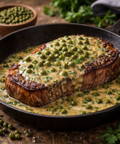 Steak au poivre servi avec une sauce crémeuse et des grains de poivre vert dans une poêle en fonte.