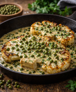 Steak de chou-fleur grillé au poivre vert et sauce crémeuse dans une poêle en fonte, décoré de persil frais.