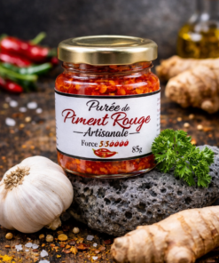 Pot de purée de piment rouge artisanal épicée 550.000 SHU avec ail, gingembre et persil en arrière-plan.