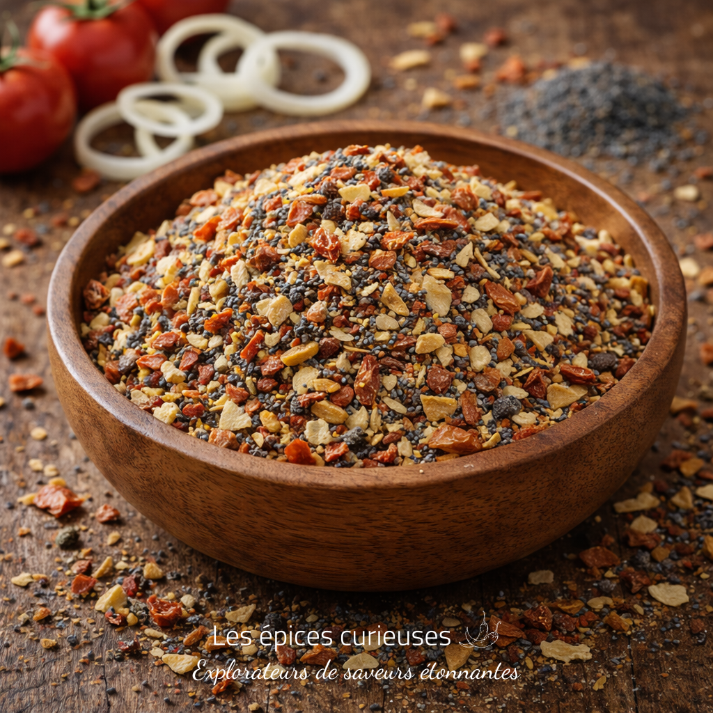 Saveurs des petits gourmands en gros plan Mélange d'épices variées dans un bol en bois, prêt à rehausser vos plats avec saveur et couleur.