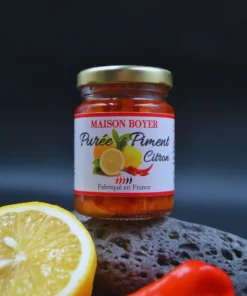 Bocal de purée de piment citron Maison Boyer, fabriqué en France, avec citron et piment en décor.