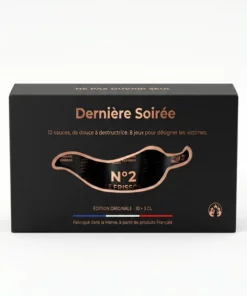 Coffret Dernière Soirée avec 10 sauces épicées et 8 jeux, édition originale, fabriqué en France.