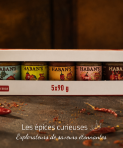 Coffret de sauces piquantes Haban's, fabriqué en France, 5 pots de 90g, ambiance épices et piments.