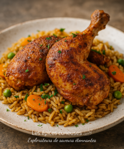 Poulet rôti épicé sur lit de riz parfumé aux légumes. Saveurs exotiques et gourmandes dans un plat authentique.