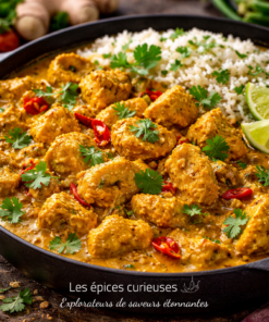 Plat de curry de poulet épicé avec riz, coriandre et lime, parfait pour un repas savoureux et exotique.