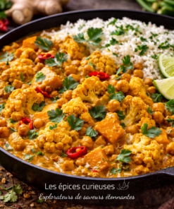 Curry de légumes au lait de coco avec pois chiches et riz, garni de coriandre et lime, plat épicé et coloré.