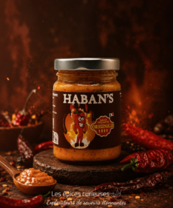 Pot de sauce piquante Haban's entouré de piments, idéale pour relever vos plats avec saveur et intensité.
