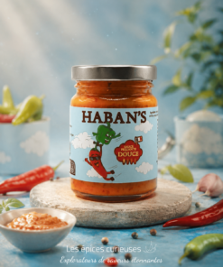 Pot de sauce piquante douce Haban's sur fond coloré, entouré de piments et d'épices. Idéal pour sublimer vos plats.