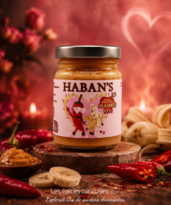 Pot de sauce piquante à la banane et piment, décoration romantique, ambiance chaleureuse et épicée.