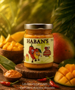 Sauce piquante mangue habanero Haban's avec ingrédients frais en arrière-plan. Saveur exotique et épicée garantie.