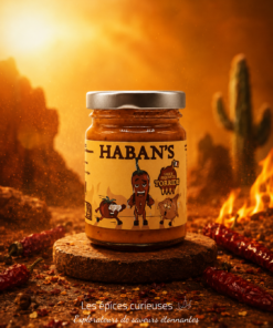 Pot de sauce piquante Haban's, ambiance désert ardent, piments et feu en arrière-plan.