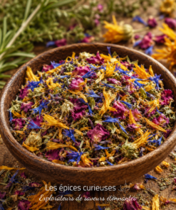 Bol de fleurs séchées colorées sur une table en bois, idéal pour infusion ou décoration naturelle.