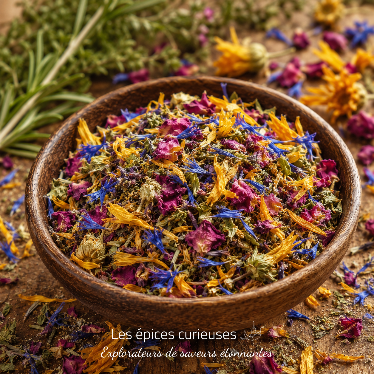 Jardin de provence Bol de fleurs séchées colorées sur une table en bois, idéal pour infusion ou décoration naturelle.