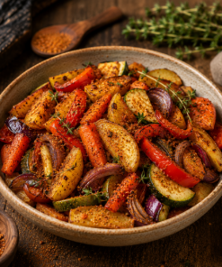 Assiette colorée de légumes rôtis épicés : pommes de terre, courgettes, poivrons et oignons rouges avec herbes.