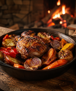 Poulet rôti aux légumes dans une poêle en fonte devant un feu de cheminée chaleureux.