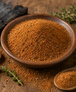 Bol d'épices mélangées avec ail et herbes sur une table en bois, idéal pour assaisonner vos plats savoureux.