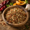 Mélange épicé en bol en bois, entouré d'écorces d'orange, d'ail et de piments sur une table rustique.